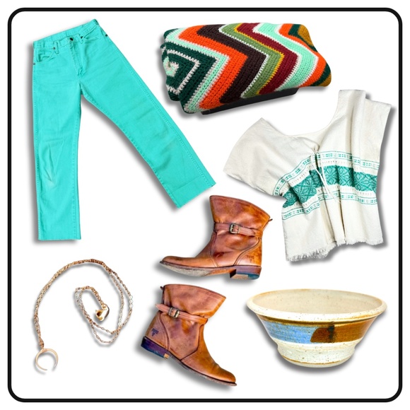 Women's Soft Boxy Crop Top, Vtg Sleeveless Mexican Top, Cream & Teal, Small, EUC - Picture 8 of 8